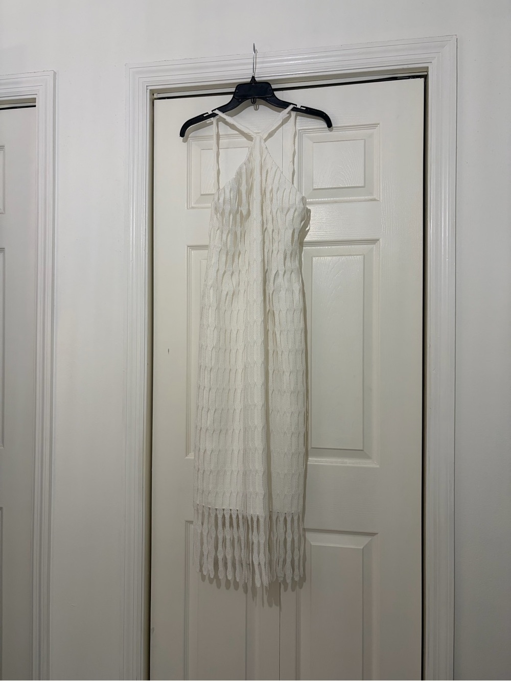ANTONIO MELANI White Textured Halter Midi Dress with Fringe